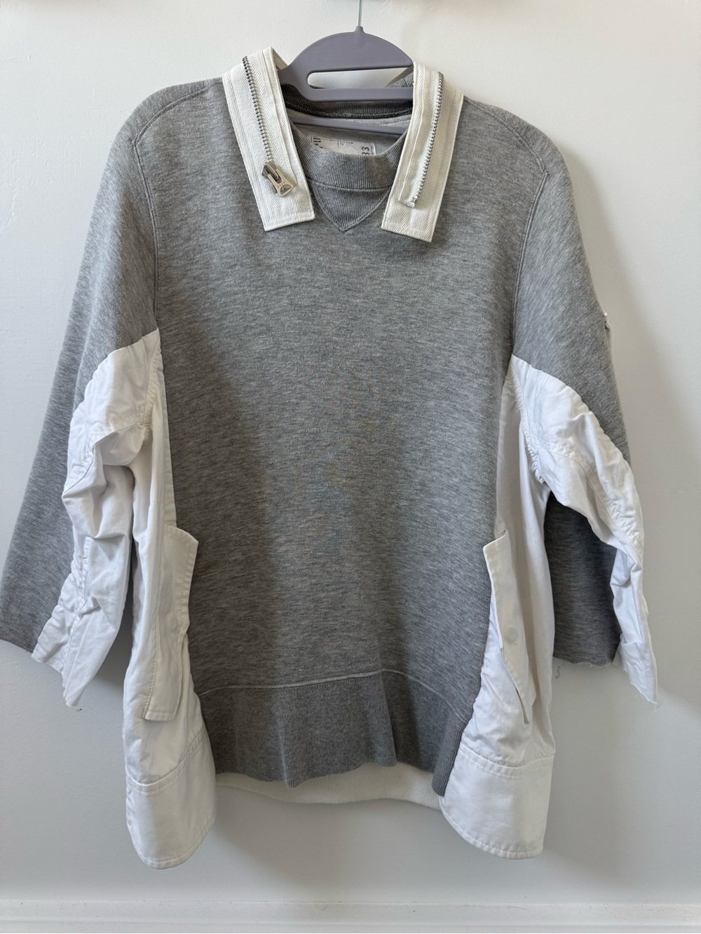 Sacai Grey & White Layered-Collar Sweatshirt with Zip Detail
